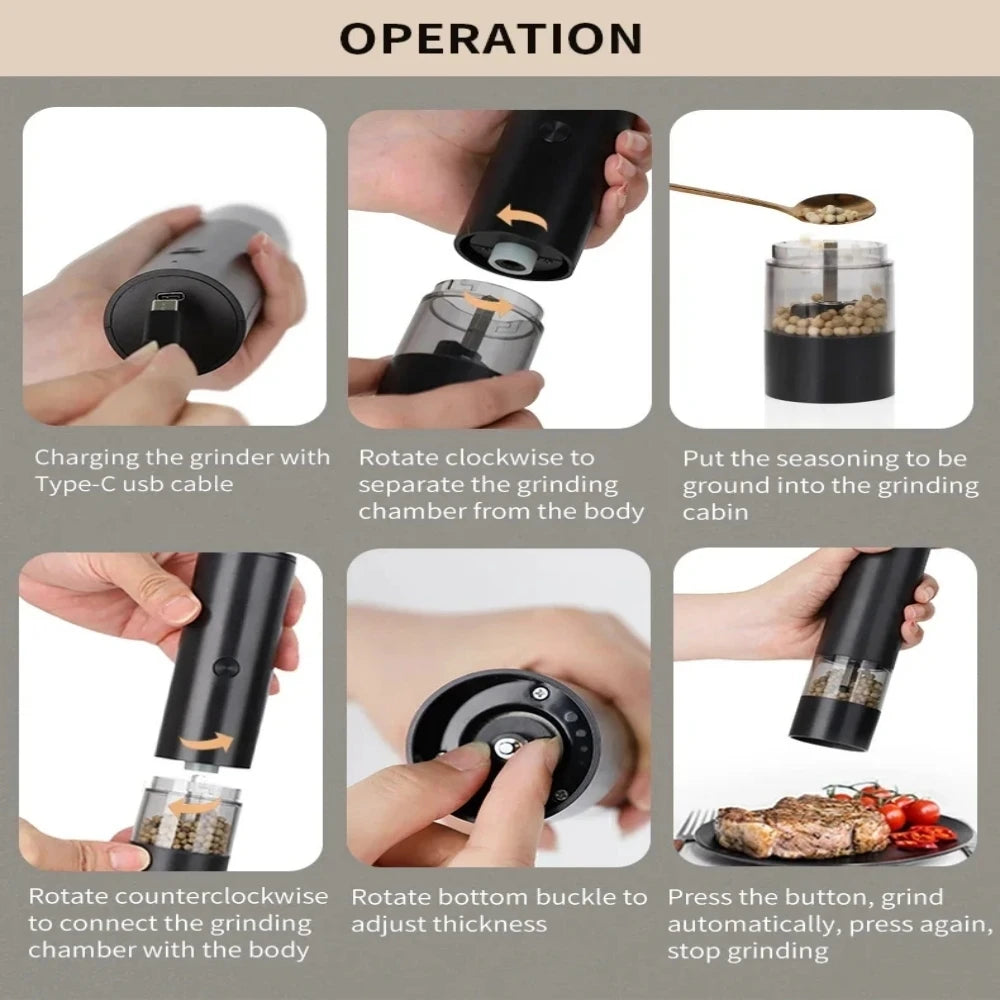 USB Electric Automatic Mill Pepper And Salt Grinder With LED Light Adjustable Coarseness Partner Grinders Kitchen Cooking Tool Vue