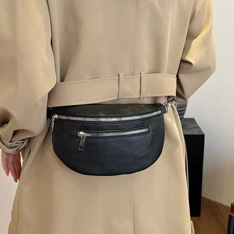 Glam Everyday Crossbody Chest Bag Solid Black Leather Fanny Decor
