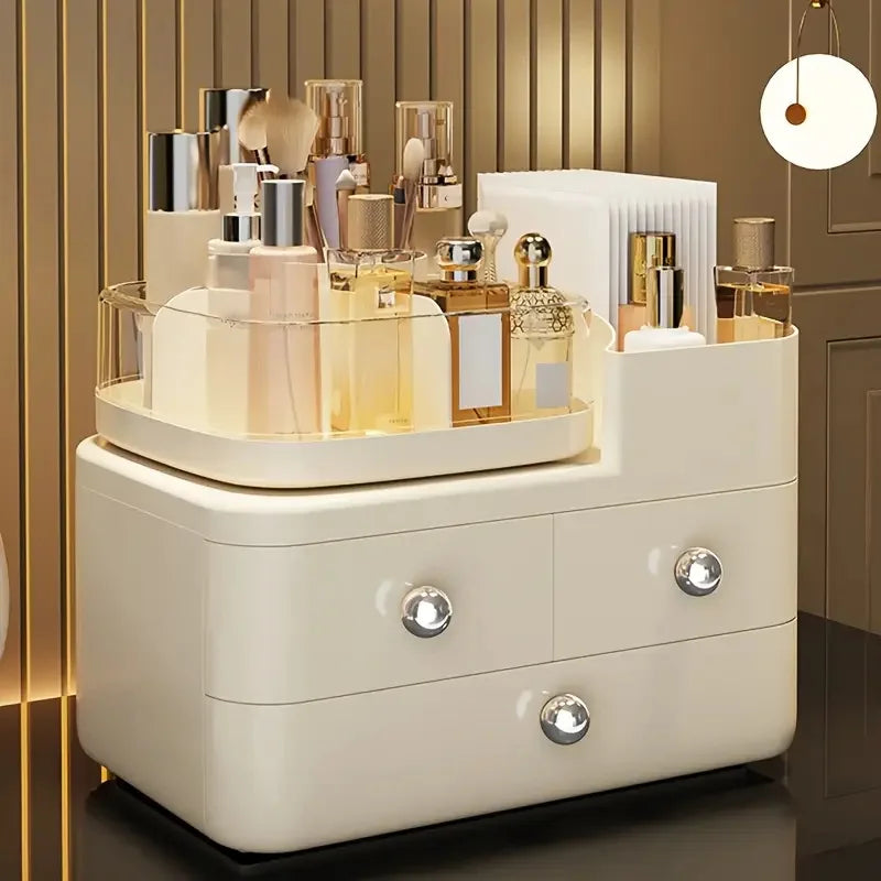 3 Tier Large Capacity Makeup Organizer with Drawer and Rolating Makeup Brushes Holer Desktop Cosmetic Tools Lipstick Storage Box Vue