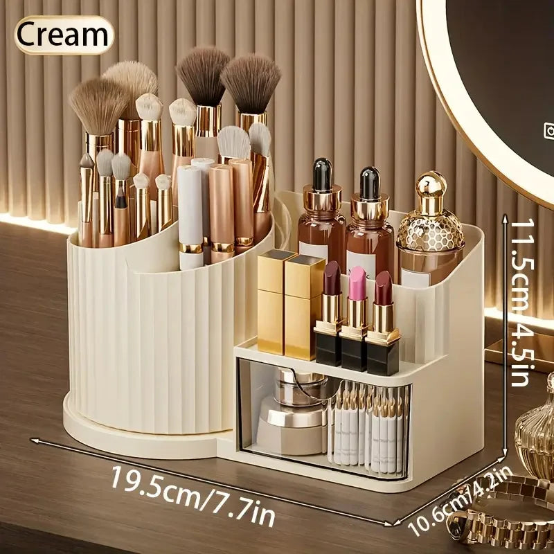 360° Rotating Makeup Organizer with Brush Holder & Drawer Desktop Large Capacity Skincare Cosmetic Tools Lipstick Display Cases Vue