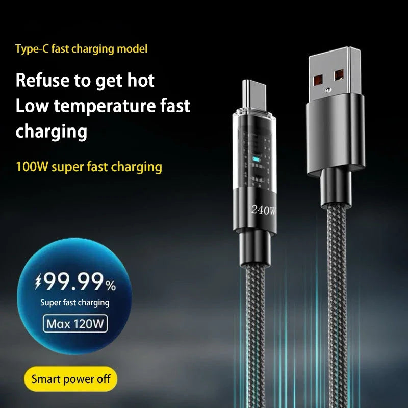 240W Charging Cable Nylon Super Fast USB Type C For Samsung Xiaomi Huawei Honor LED Digital Display USB C Charger Data Cord Vue