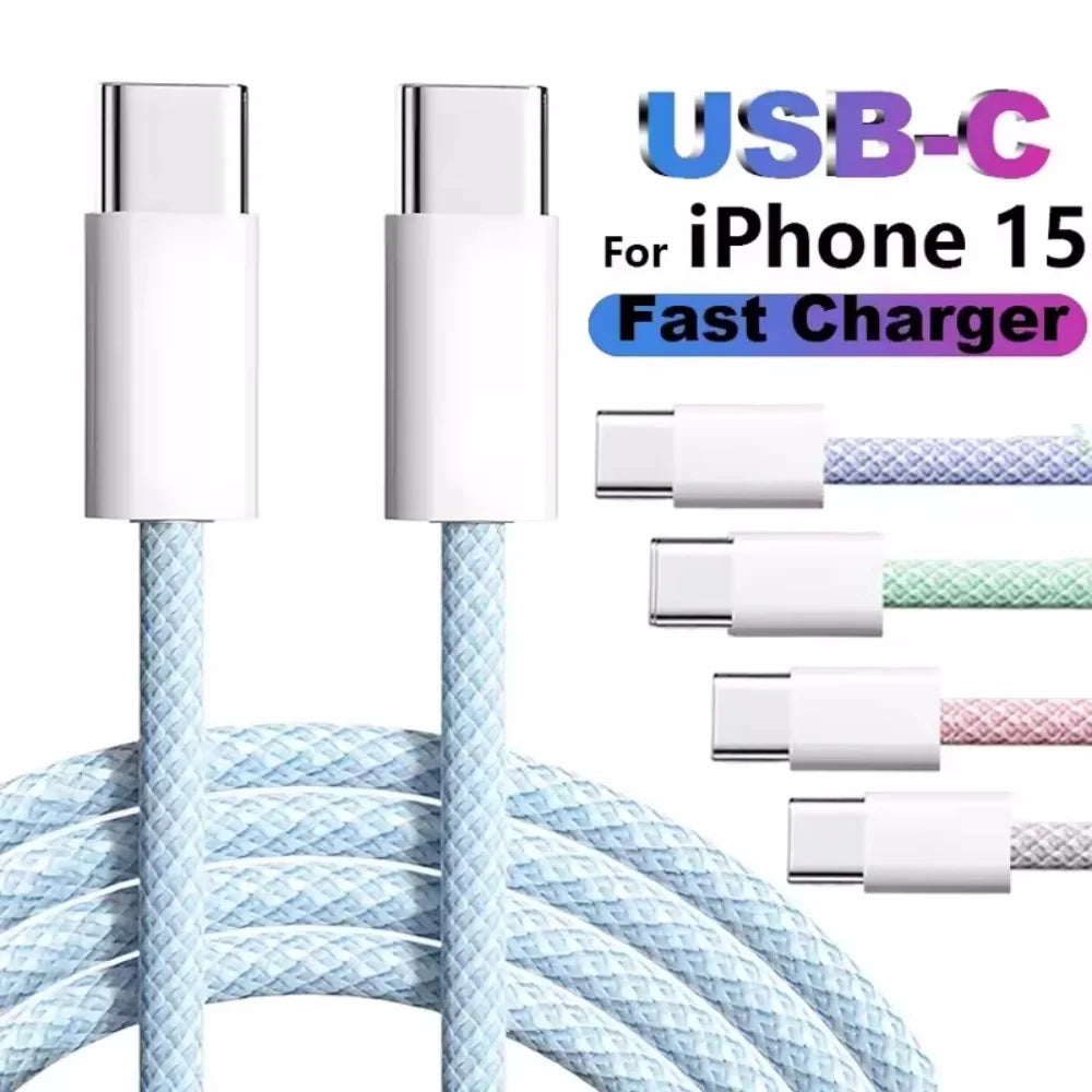 USB-C to Type C Color Cable For Apple iPhone 15 PD 60W Fast Charging For Huawei Xiaomi Samsung Type C Weaving Cable Accessories Vue