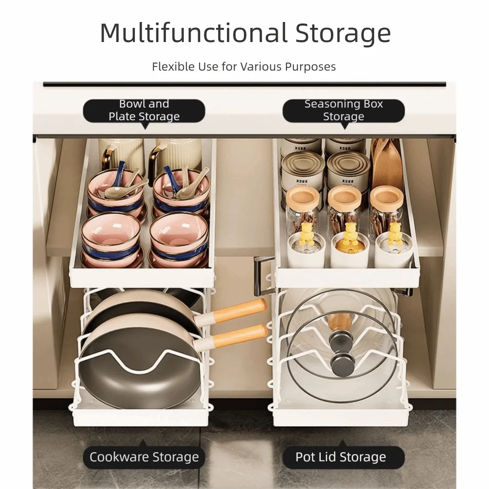Adjustable Dividers Pull Out Pan Rack Sliding Design Anti-rust Pot Lid Holder Heavy Duty Retractable Kitchen Storage Rack Vue