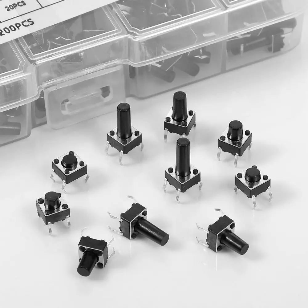 200pcs 6*6 Size Key Switch Kit Tactile 4 Feet Tact Push Button Switch PCB Mixed Touch Buttons Universal Switch Vue