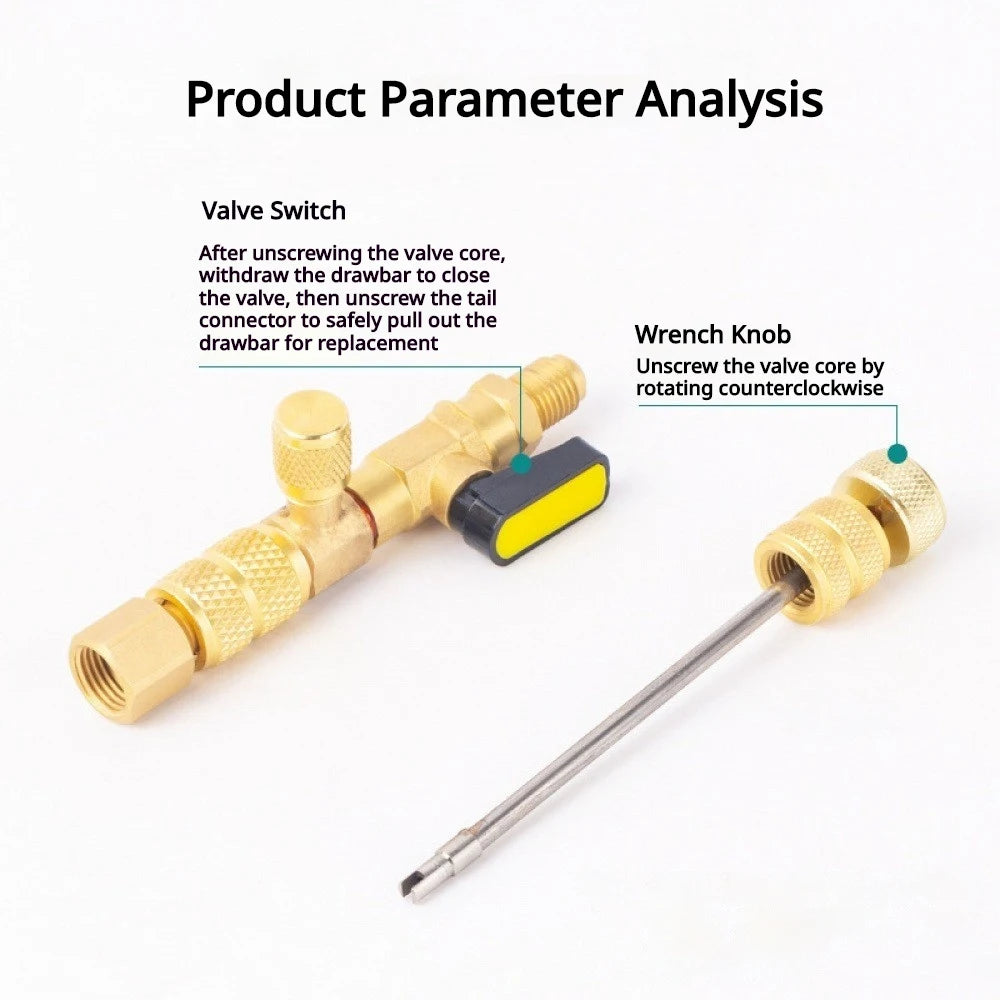 No Refrigerant Release Valve Core Remover Wrench 1/4"5/16" Brass 45Bar Air Conditioner Valve Pin Replacement Repair Tool Vue