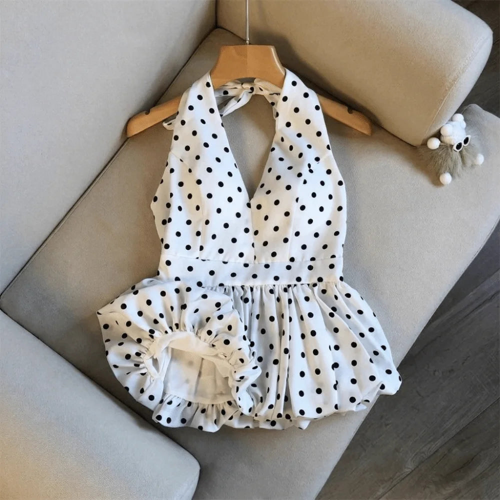 Casual Neck Hanging Backless Crop Dot Pattern Basic Halter Open Back