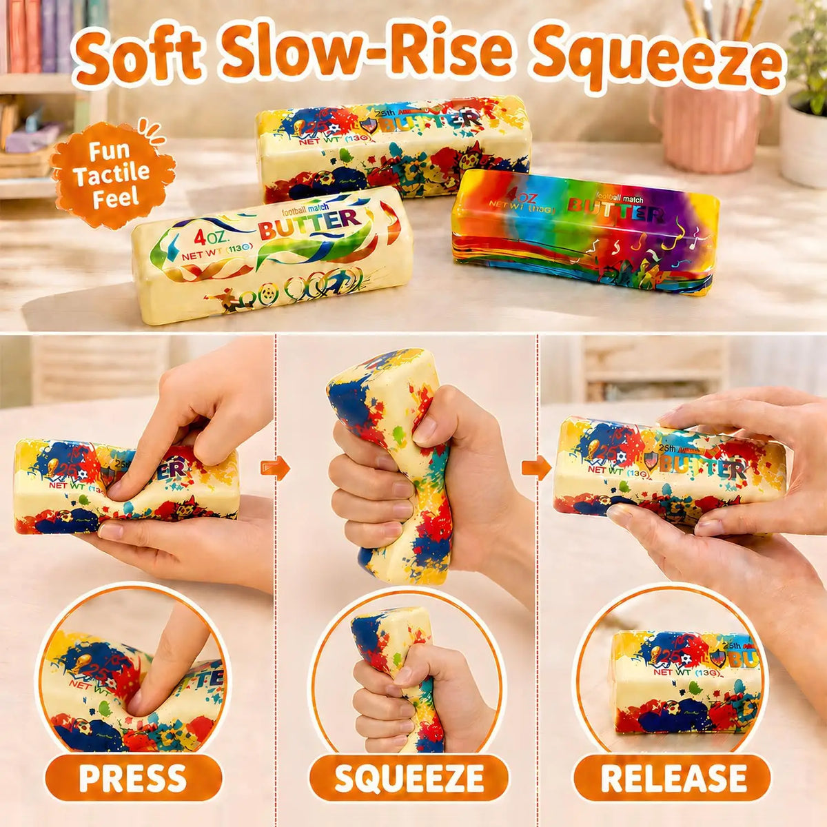 1-10pcs Simulation Butter Squishy Toy Slow Rise Soft Gel Football Theme Stress Reliever Realistic Butter Bar for Office Break Vue