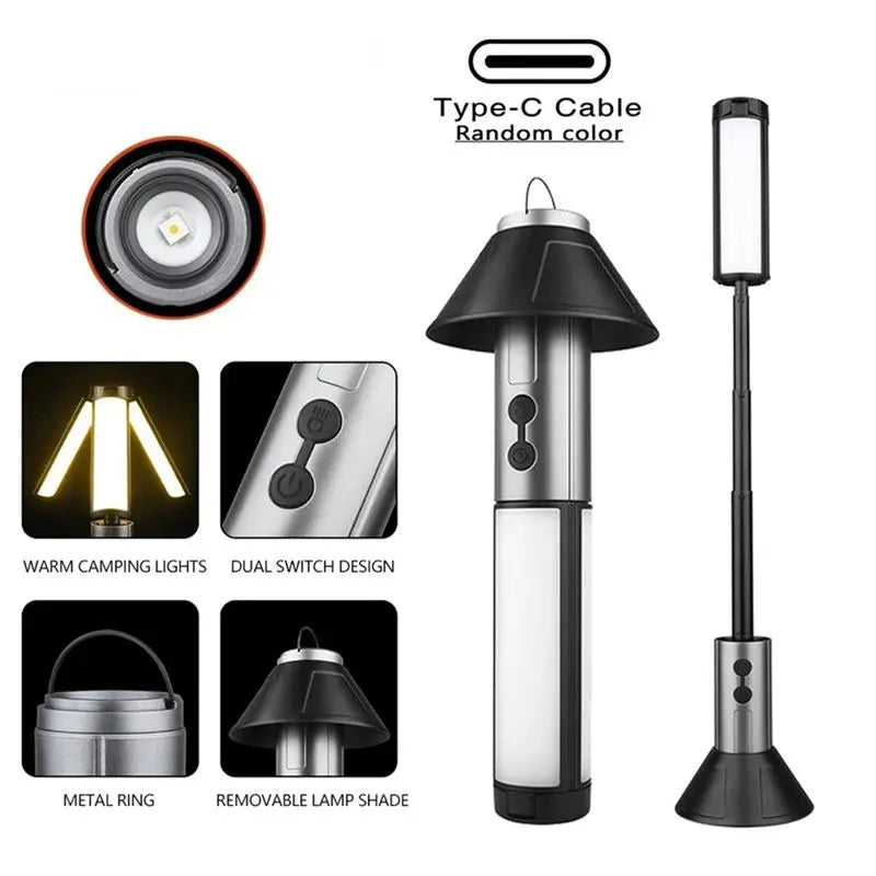 ABKW-Camping Light Multi-Functional Rechargeable Telescopic Lantern Flashlight 2 In 1 Outdoor Emergency Work Light Vue