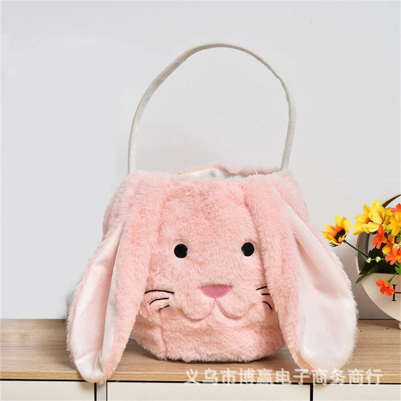 Kawaii Long Plush Easter Bunny Storage Bin Adorable Rabbit Ear Handbag for Toys Candy Holiday Decor Party Supplies Kids Gift Vue