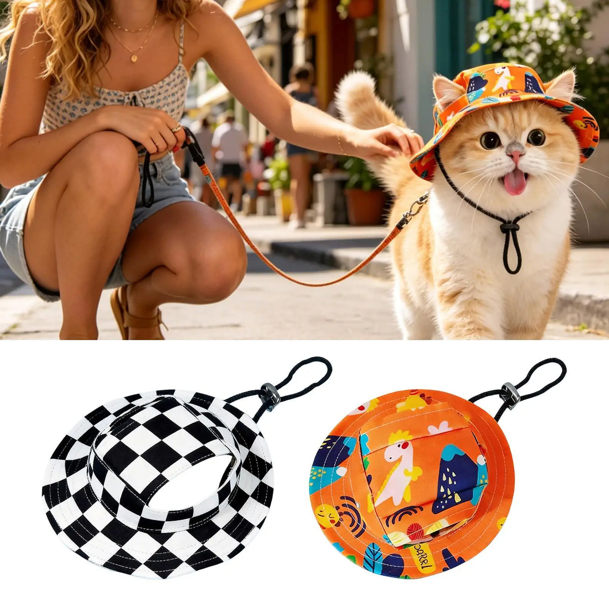 Wide Brim Dog Sun Hat With Ear Holes, UV Protection Bucket Hat For Cat, Pet Summer Caps For Small To Large Puppy Kitten Beach Vue