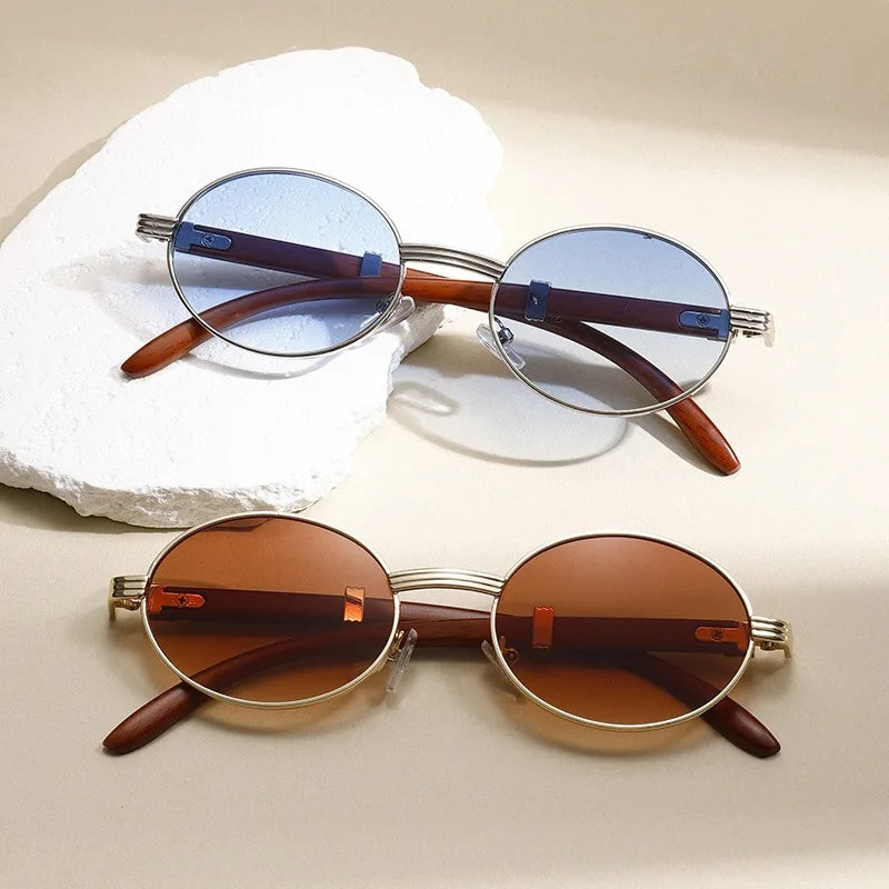 Retro Oval Metal Sunglasses | Wood Grain Legs & Gradient Lenses Fashion Sunglasses Vue
