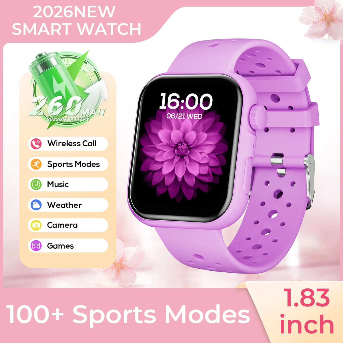 2026 New SmartWatch Bluetooth Call Music Sports Band Long Battery Fitness Tracker Silicone Strap Health Monitor for Adults fun Vue Purple-DD