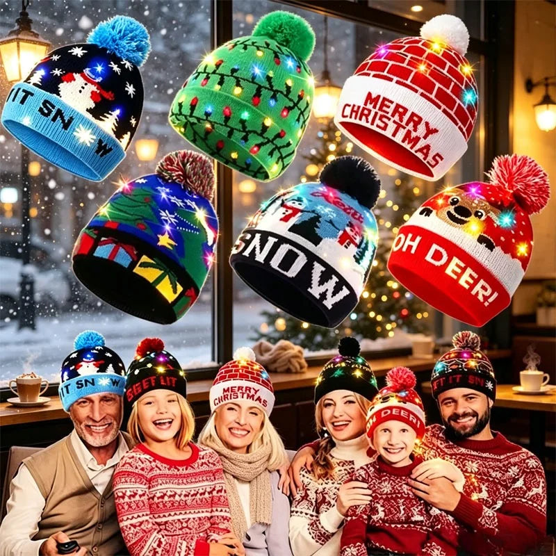1-10PCS Christmas Novelty LED Knit Beanie with Cartoon Animal Pattern Warm Winter Hat Perfect for Party Holiday Gift Vue