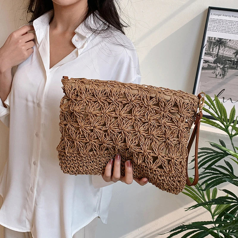Summer Beach Women Straw Rattan Weave Shoulder Crossbody Bag Hollow