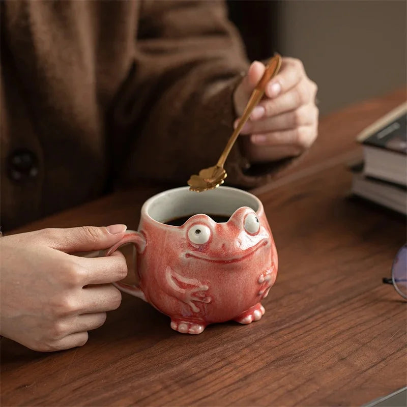 Frog Ceramic Coffee Mug With Spoon Cute Retro Personality Design Cup For Office Desk Home Table Decor Gift For Women Teens Vue