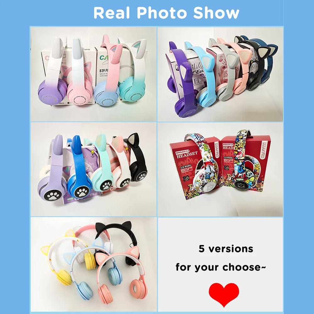 Cat Ears Headphones Flash Light Wireless With MIC Control LED Kid Stereo Cute Music Bluetooth Phone Headset Earphone Girls Gift Vue