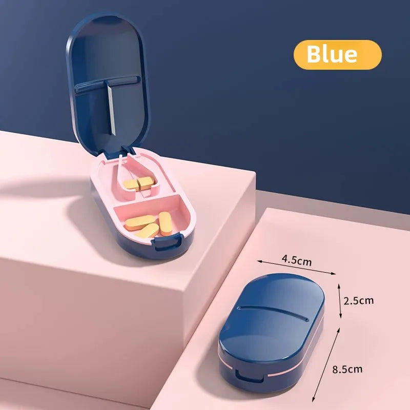 Portable Pill Cutter and Organizer Box with Quarter Splitter Medicine Storage Case for Vitamins Tablets Daily Medication Vue Blue