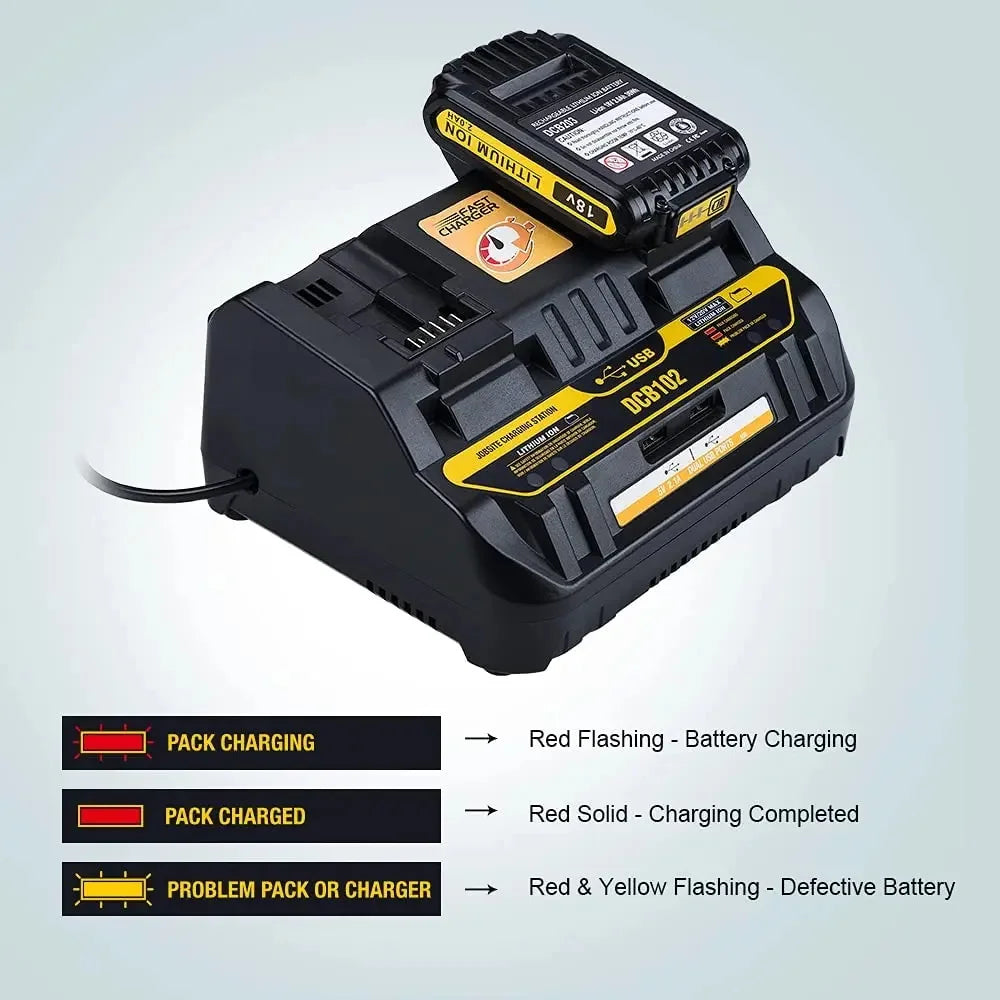 DCB102 Dual-Port Rapid Charger Power Tool Battery Charger Compatible with For Dewell 14.4V/18V Lithium Batteries with USB Port Vue