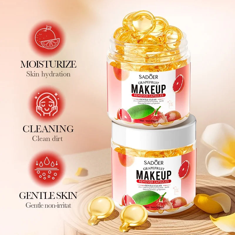 35Pcs Grapefruit Makeup Remover Capsules, Containing Grapefruit Extract, Mineral Oil, Glycerin and Other Skin-Friendly Ingredients, Are Compact and Portable, Gentle and Non-Irritating, Easily Remove Heavy Makeup and Cleanse t Vue