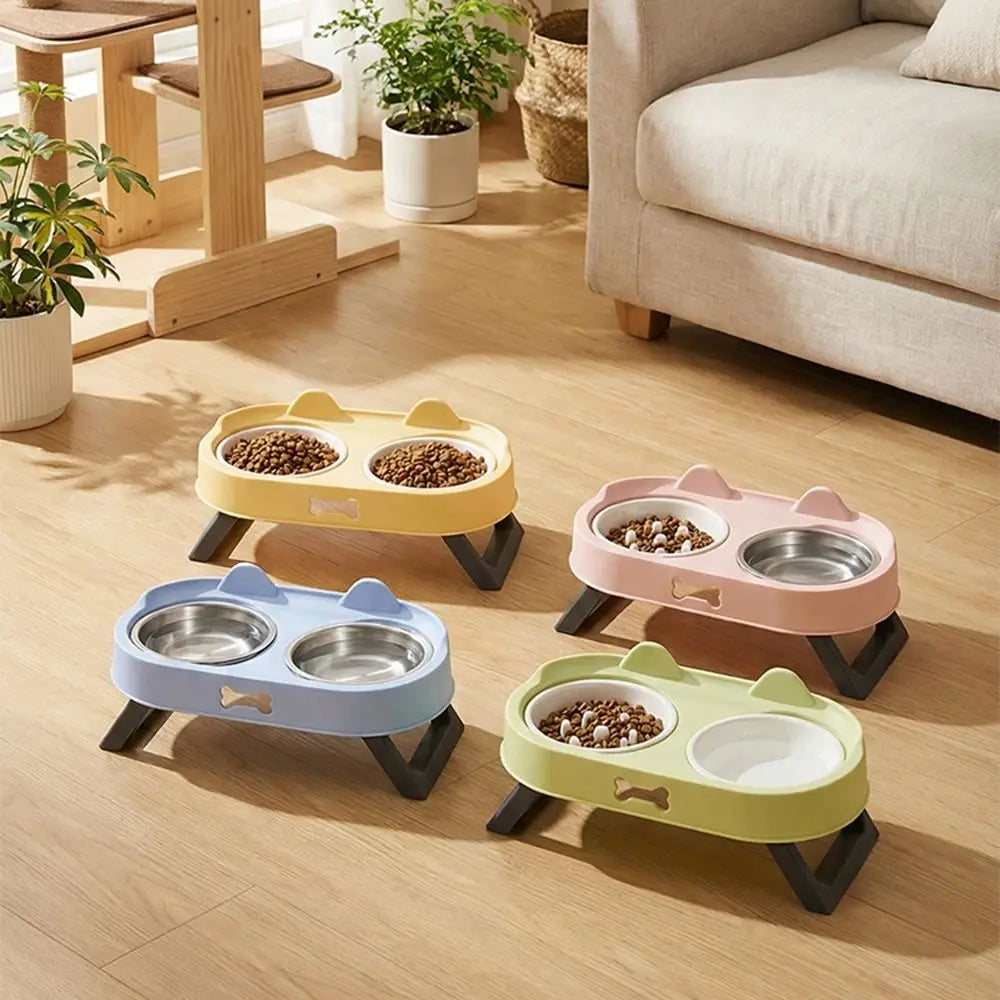 Stainless Steel Elevated Cat Bowl Cat Shaped Neck Protection Raised Pet Feeder Double Bowl Anti-Vomiting Dog Food Container Vue