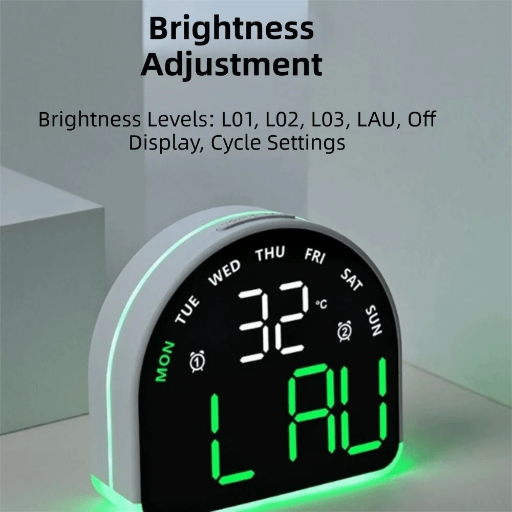Multi-functional Digital Alarm Clock Ambient Light Temperature Display LED Clock 3 Levels Brightness Auto Dimmable Desktop Clock Vue