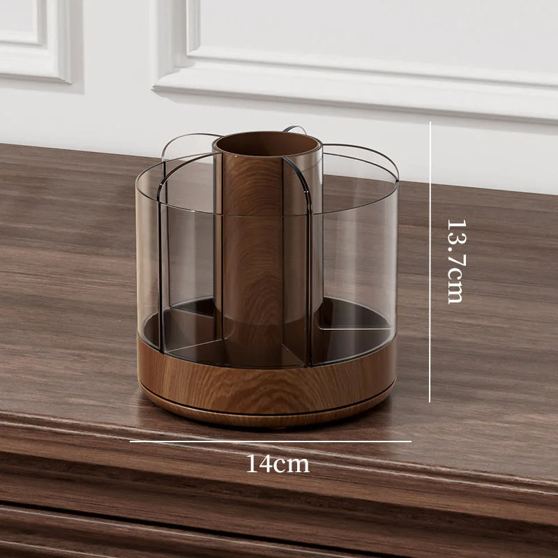 Makeup Brush Holder 360° Rotating 6 Slot Multi-Compartment Storage Acrylic Large Capacity Makeup Brushes Case With Wooden Base Vue Walnut Wood