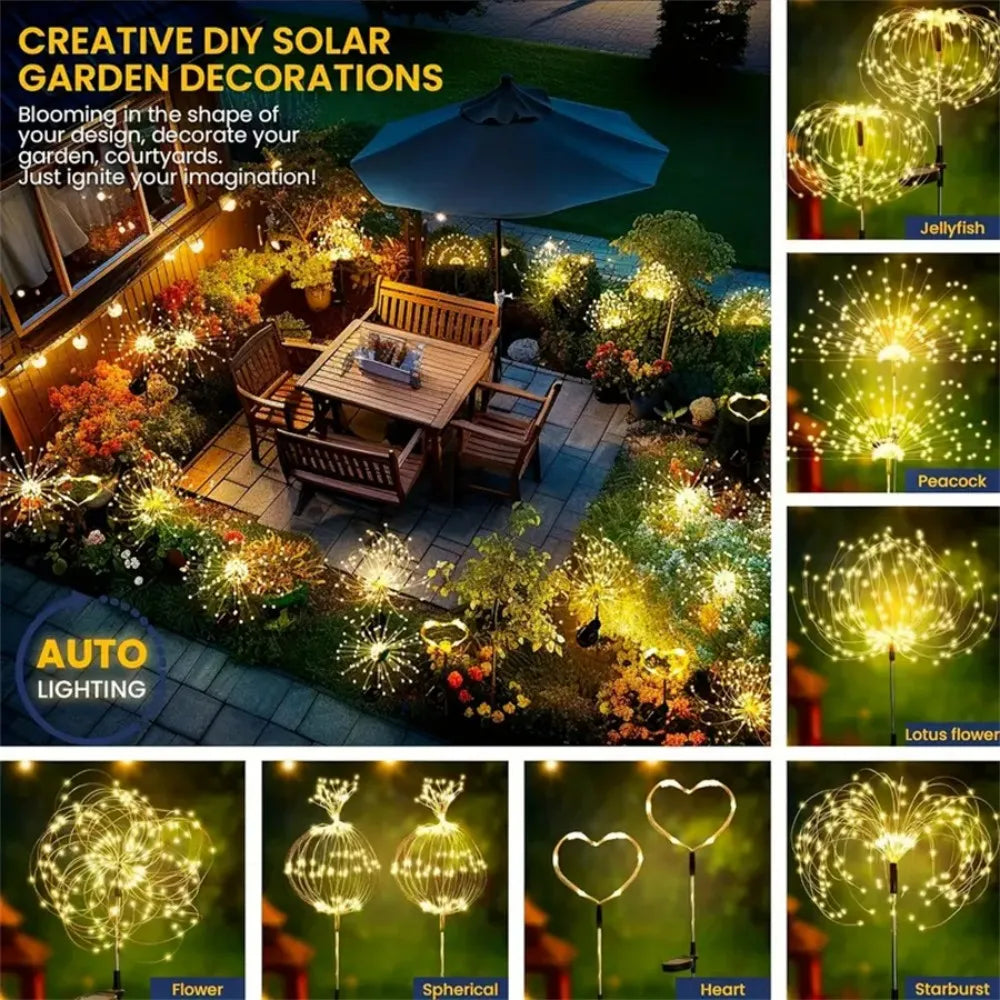1PC/2PC 90/120/150/180/200LED Solar Fireworks Ground Plug in Light,Used for Holiday,Courtyard,Balcony,Flower Bed Decoration Vue
