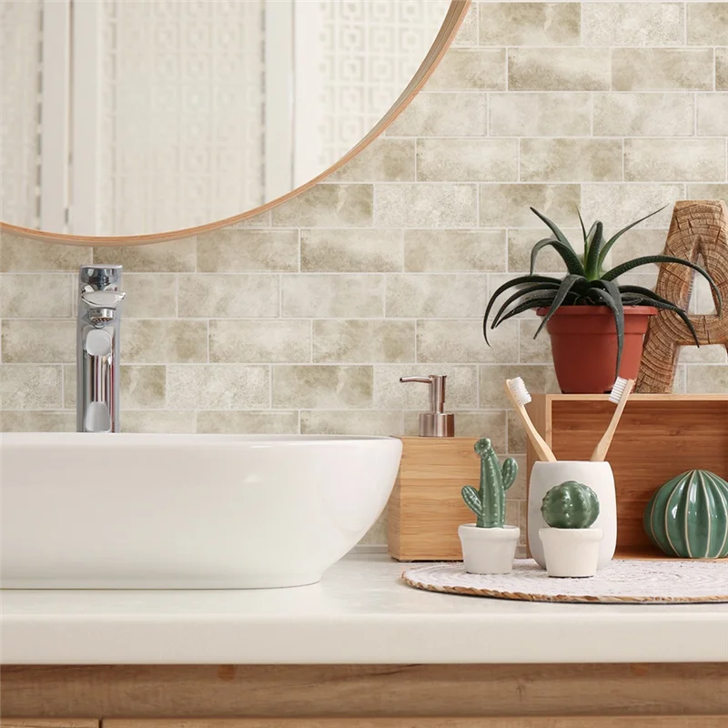 ABKW-Wall Tiles For Bathroom Waterproof 10 Sheets Beige Stone Peel And Stick Backsplash Splash Stick On Tiles For Laundry Room Vue