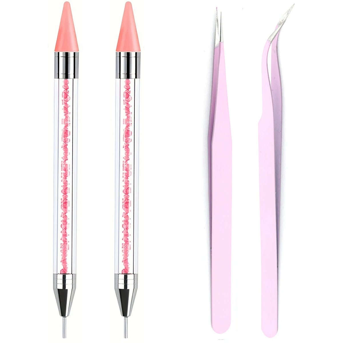 4 Pink Rhinestone Picker Tool Set 2Pcs Dual-Head Wax Pens 2 Tweezers Wax Pencil for Nail Art Crystal Diamond Pickup Vue 4 pack