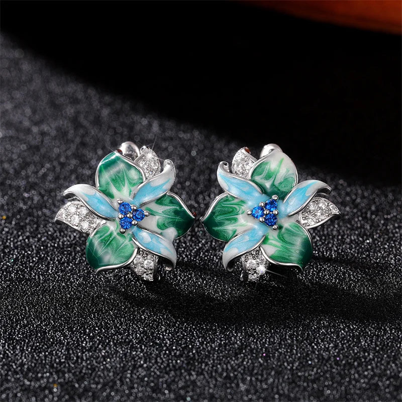 Huitan Green Flower Enamel Hoop Earrings – Bridal Jewelry Enamel Hoop Earrings Vue