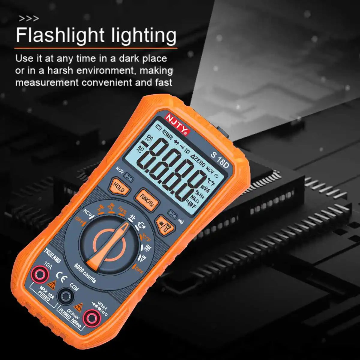 NJTY S18D/A Digital Multimeter Handheld Voltmeter Capacitance Resistance Diode Temperature Tester Backlit LCD AUTO Range AC/DC Vue