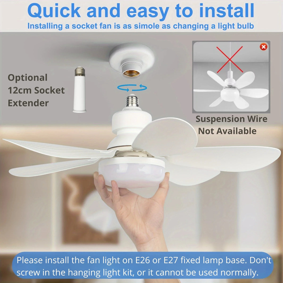 LED 40W Socket Ceiling Fan with Light, 20.5in Screw Ceiling Fans with Lights with Remote, for Bedroom/Garage/Kitchen Vue