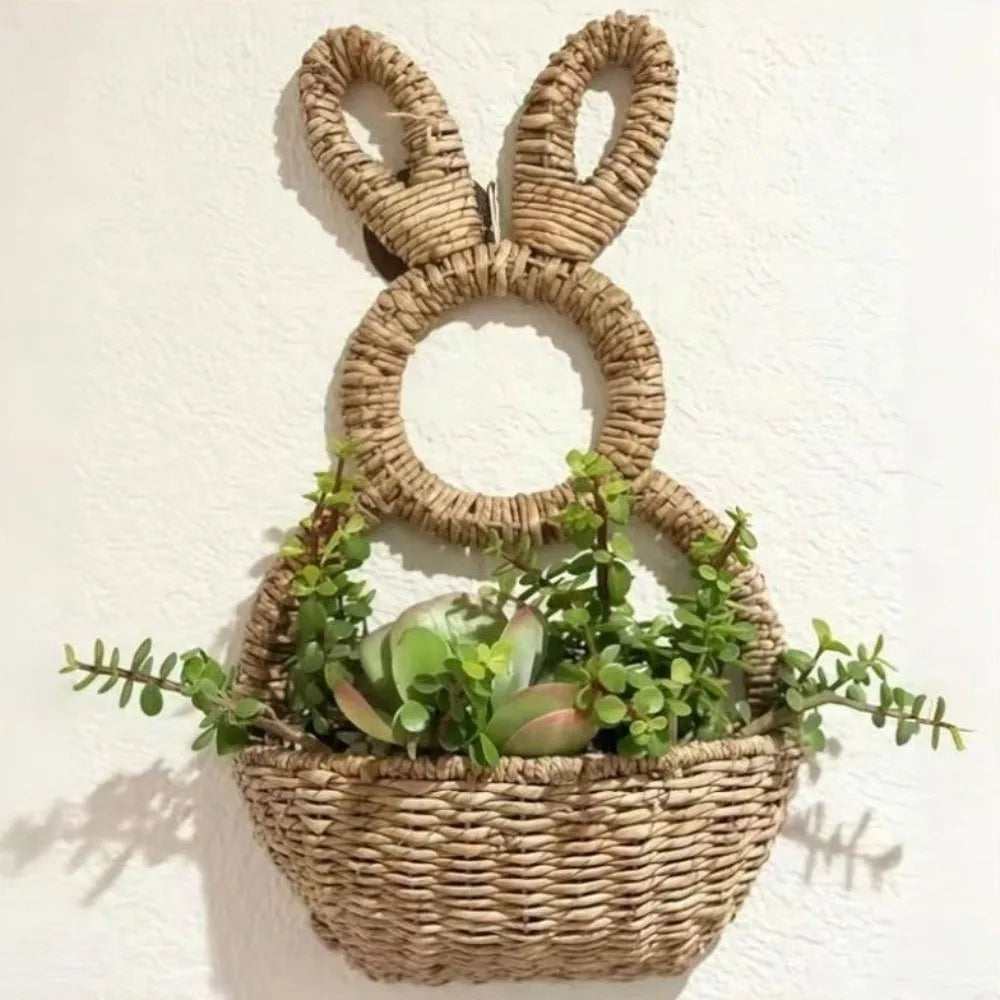 Hand Woven Easter Bunny Basket Natural Willow Handmade Easter Wall Pocket Gift Holder Cute Rabbit Plant Hanging Basket Vue