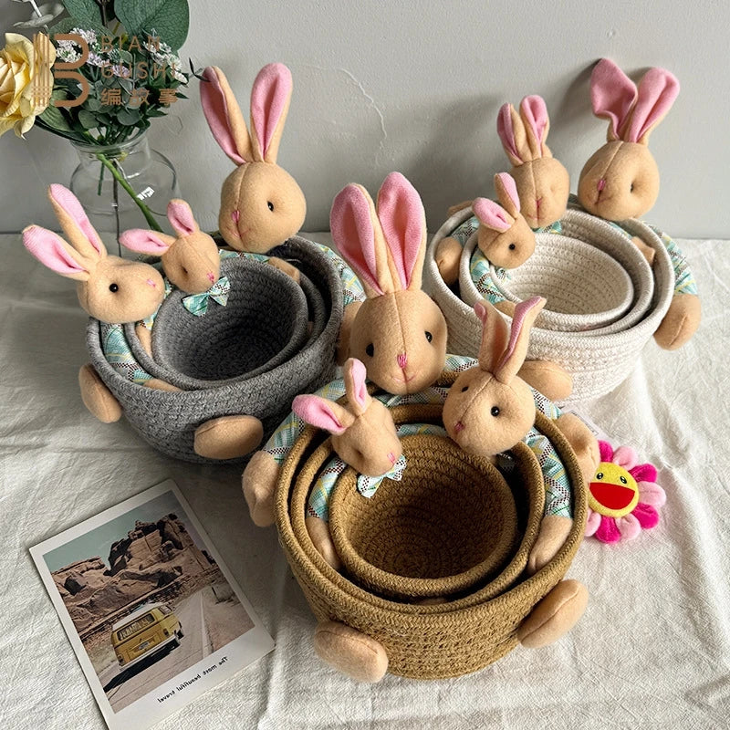 Cute Cartoon Bear And Bunny Cotton Rope Storage Basket For Hair Clips Jewelry And Sundries Table Decor For Kids Girls Easter Vue