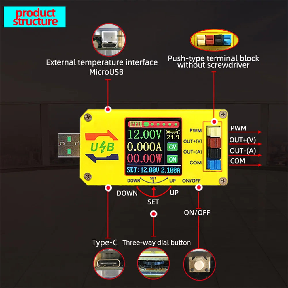 XY-UDTA CNC USB Voltage Step Up Down Power Supply Module 1.44 inch LCD Display 15W Voltmeter Ammeter Coulometer PWM Generator Vue