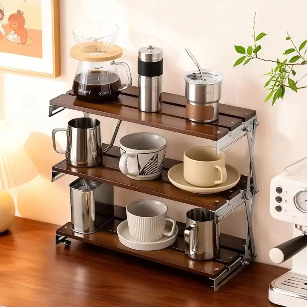 Foldable Design Tabletop Shelf Solid Wood Multi-Tier Cup Storage Rack Retractable Design Layered Storage Mug Display Shelf Vue