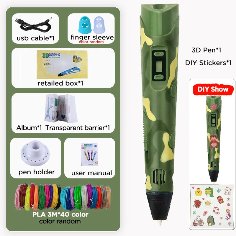 40 Colors 3D Printing Pen Kids 1.75mm PLA Filaments Children 3D Doodle Pen DIY Drawing Pens Boys Girls Birthday Gifts Vue camo pen add 120M PLA Filagment