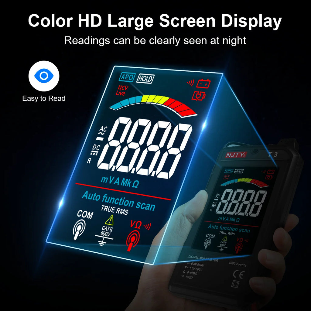 NJTY T3 MINI Smart Digital Multimeter Color Screen USB Rechargeable 4000 Counts Auto Ranging Voltage Resistance NCV Live Wire Vue