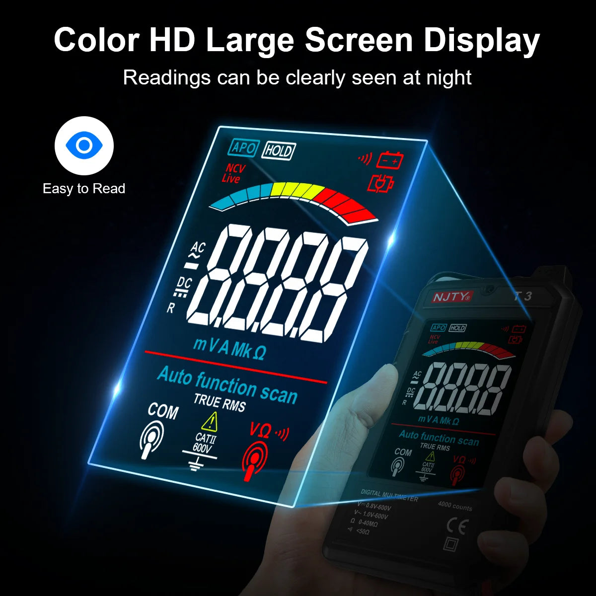 NJTY T3 MINI Smart Digital Multimeter Color Screen USB Rechargeable 4000 Counts Auto Ranging Voltage Resistance NCV Live Wire Vue