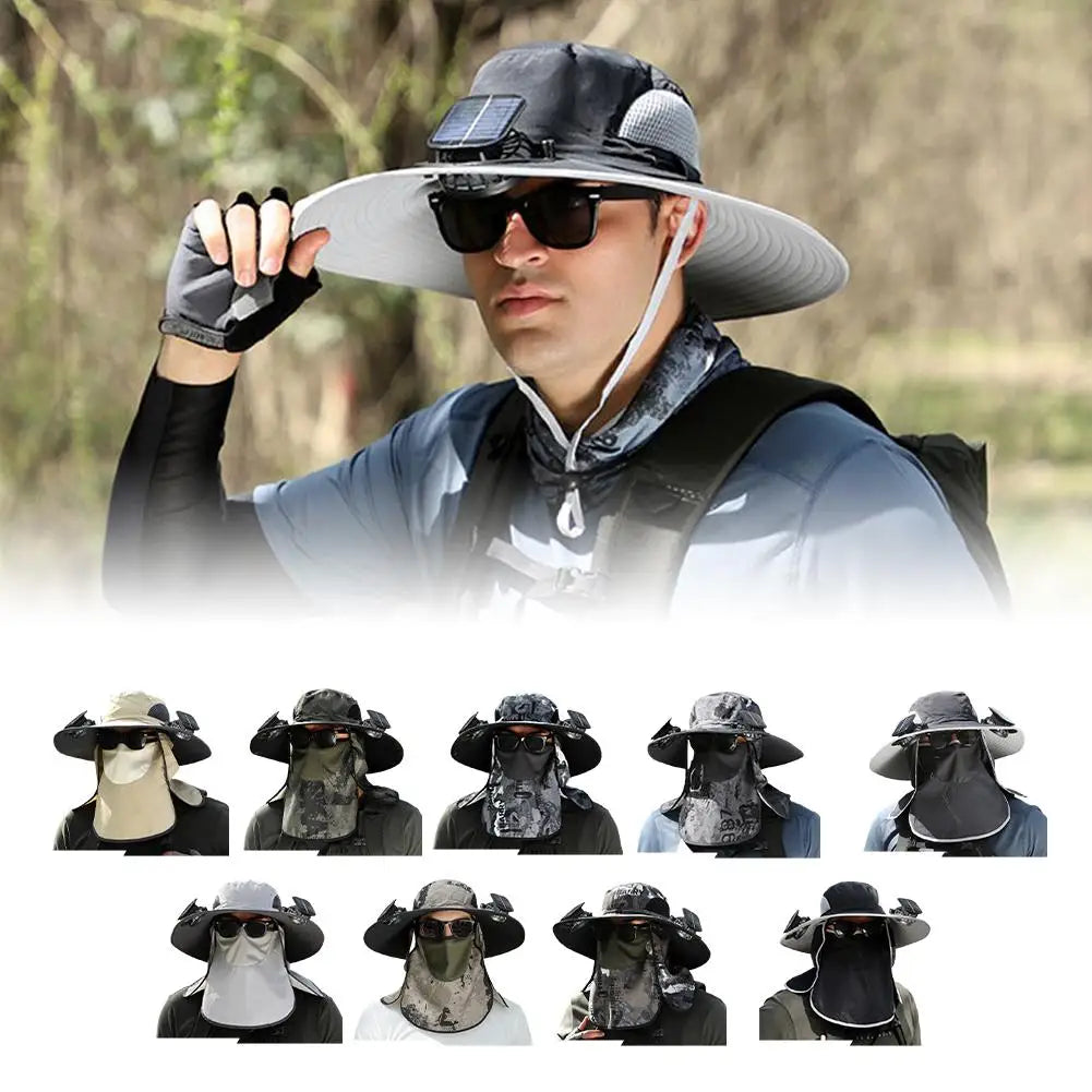 Solar USB Rechargeable Full Face Cover Mute Fan Summer Male Outdoor Fan Hat Big Edge Sun Hat Sunscreen Quick-drying Fishing Hat Vue