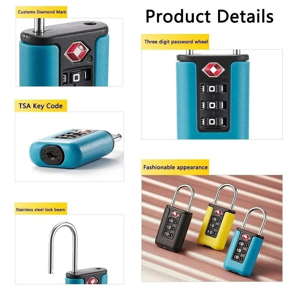 TSA Customs Code Lock for Travel Luggage Password Changeable black Lock Contrast Design Padlock 3 Digit Combination Lock Vue