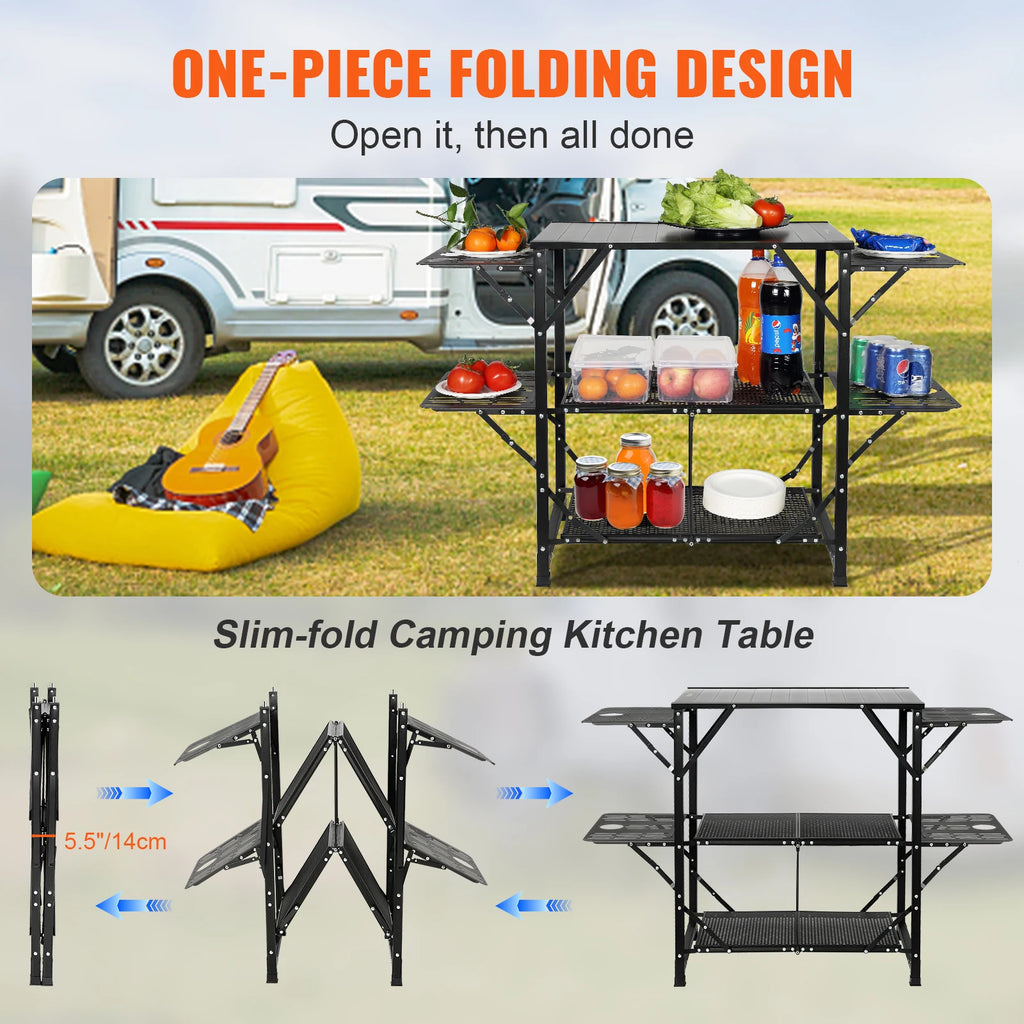 SucceBuy Camping Kitchen Table One-piece Folding Portable Cook Station Aluminum Camping Folding Table for Outdoor Picnics BBQ Vue