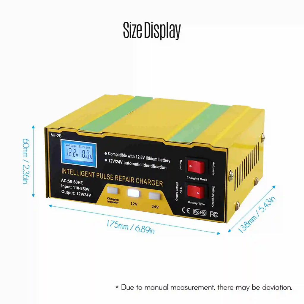12V/24V Battery Charger Intelligent Pulse Repair Type Charger with Digital Display for Car Cell Motorcycle Battery US Plug Vue