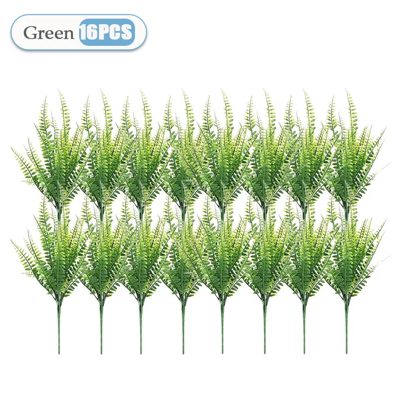 2-32PCS UV Resistant Artificial Boston Fern Plant for Hanging Baskets Wedding Home and Garden Decor Lifelike Fake Fern Vue Green-16PCS