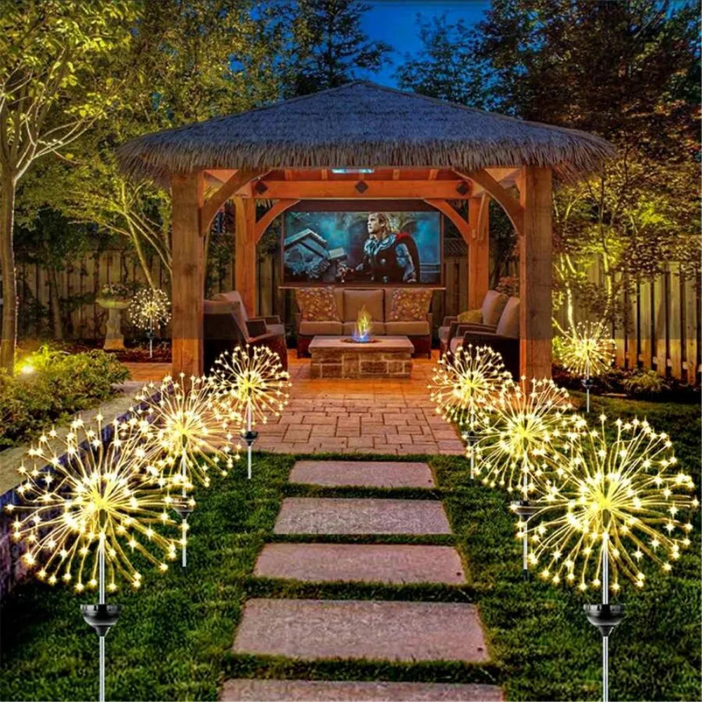 1PC/2PC 90/120/150/180/200LED Solar Fireworks Ground Plug in Light,Used for Holiday,Courtyard,Balcony,Flower Bed Decoration Vue