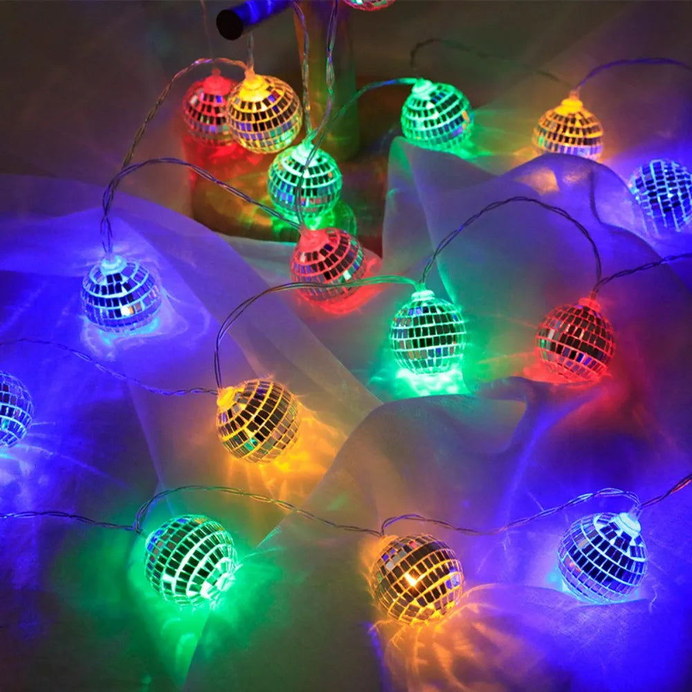 1PC 1.5M10LED Mirror Ball String Lights - Battery-Powered, for Bar Parties, Disco Holiday Ambiance Halloween Chrismas Decor Vue