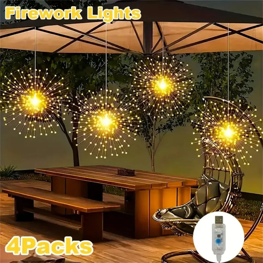 1Set of 4PCS USB Fireworks Lights with 8 Modes, 360LED Hanging String Light, Used for Porches Patios Garden Indoor Outdoor Decor Vue