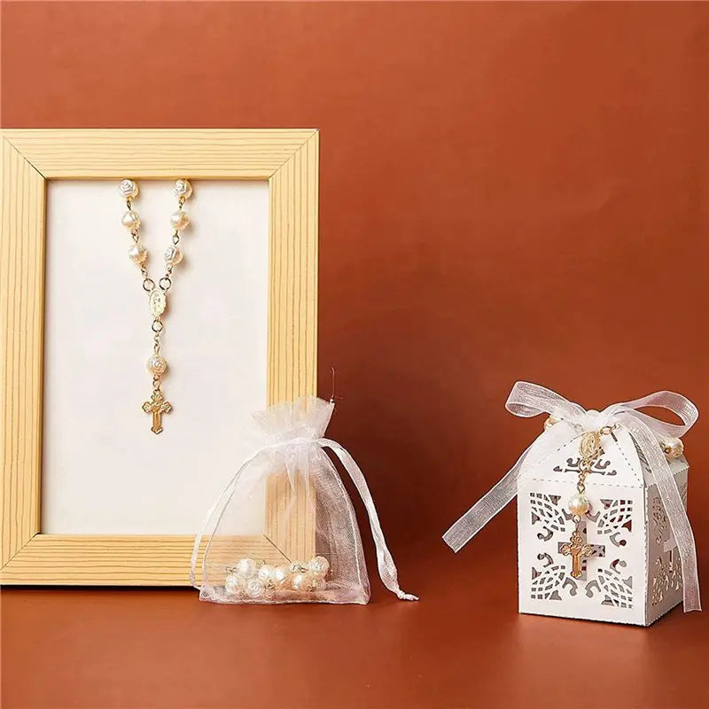 ABKW-40Pcs Baptism Favors With Cross Mini Rosaries Acrylic Beads Bracelet Christening Communion Finger Rosarie Bracelet Vue