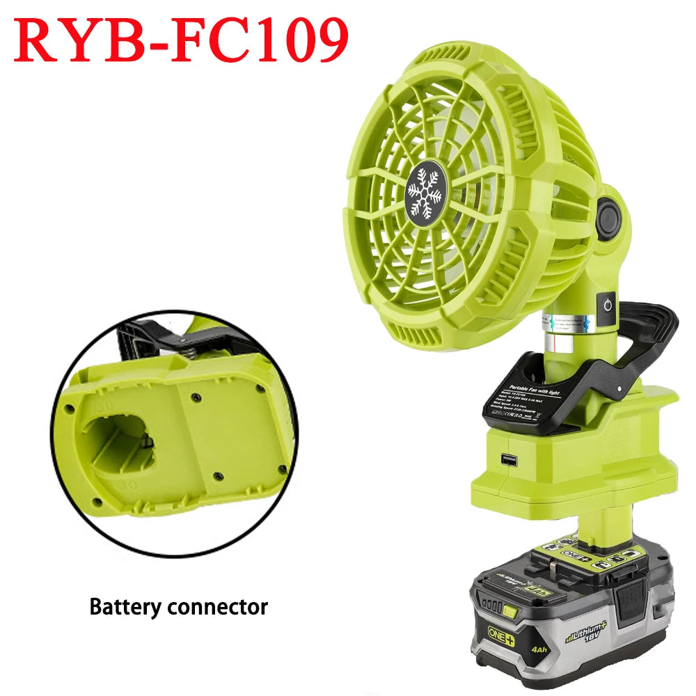 Portable Clip Fan Cordless Outdoor Camping Fan for Ryobi 18V Li-Ion Battery with USB Port for Camping,Workplace and Home Office Vue