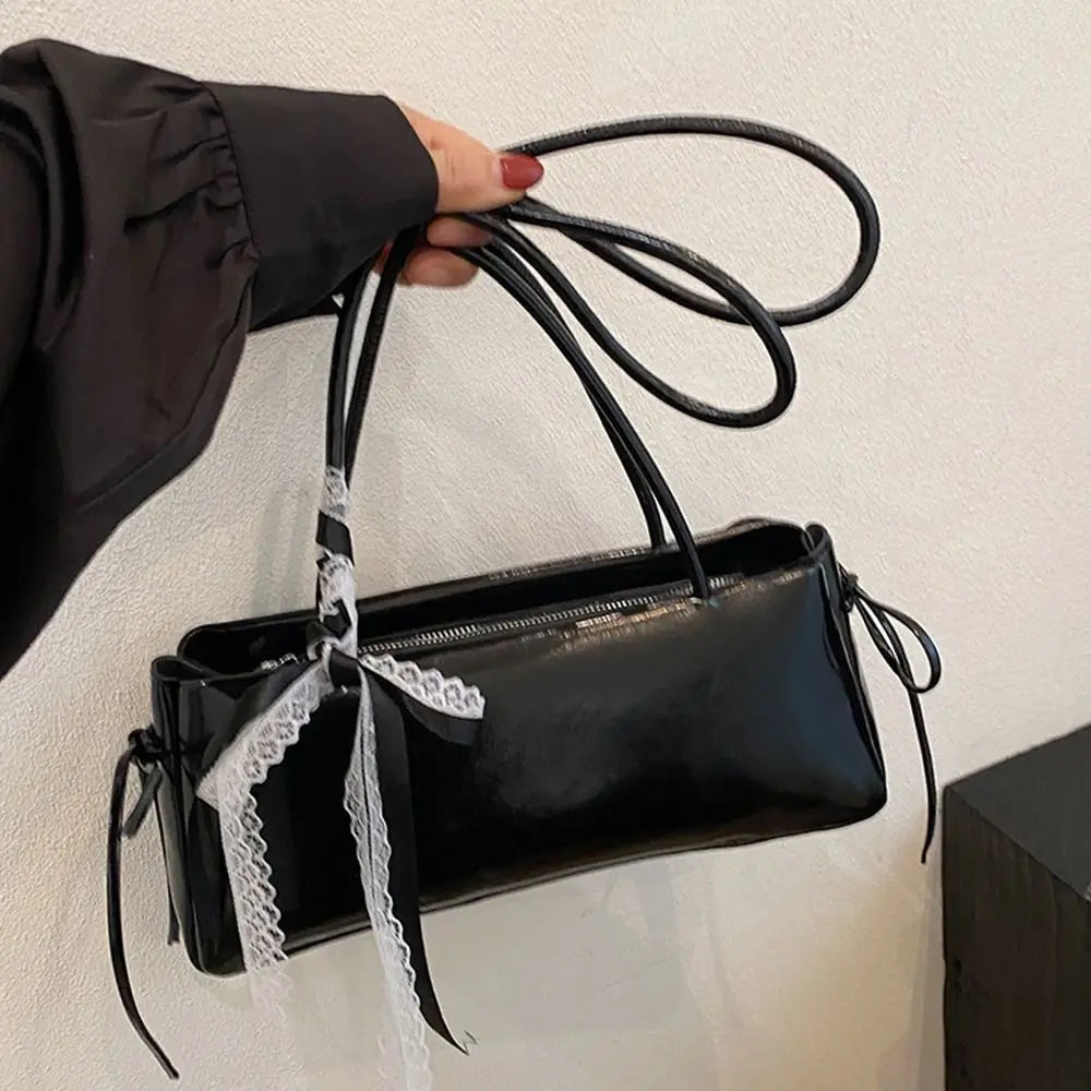 Trendy Multicolor Shoulder Bag PU Leather Bowknot Versatile Commuting Bag with Lace Ribbon Large Capacity Underarm Bag Shopping Vue